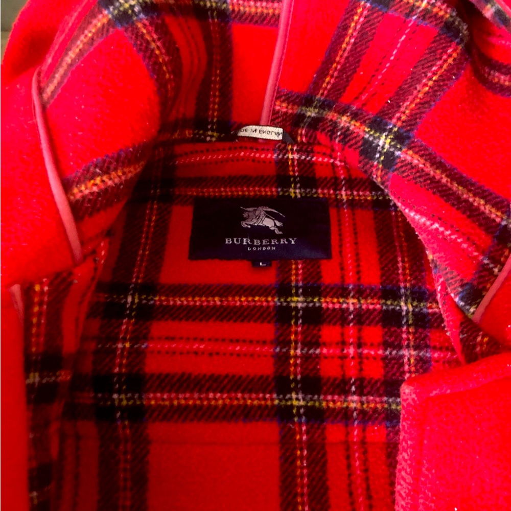 Red Burberry duffel coat with toggle buttons
